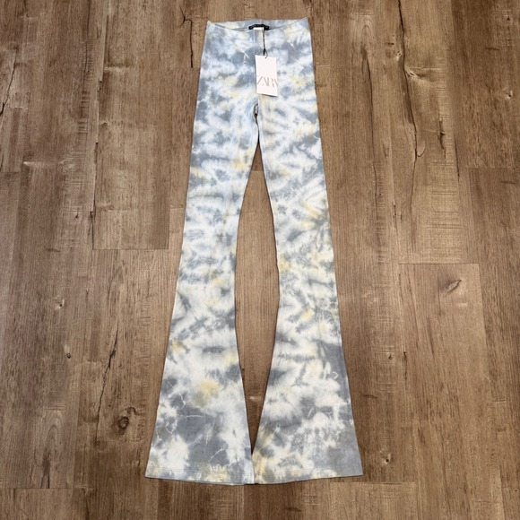 Zara Pants - NEW Zara Womens Blue Grey Tie Dye Ribbed Flare‎ Bell Bottom Yoga Pants Small
